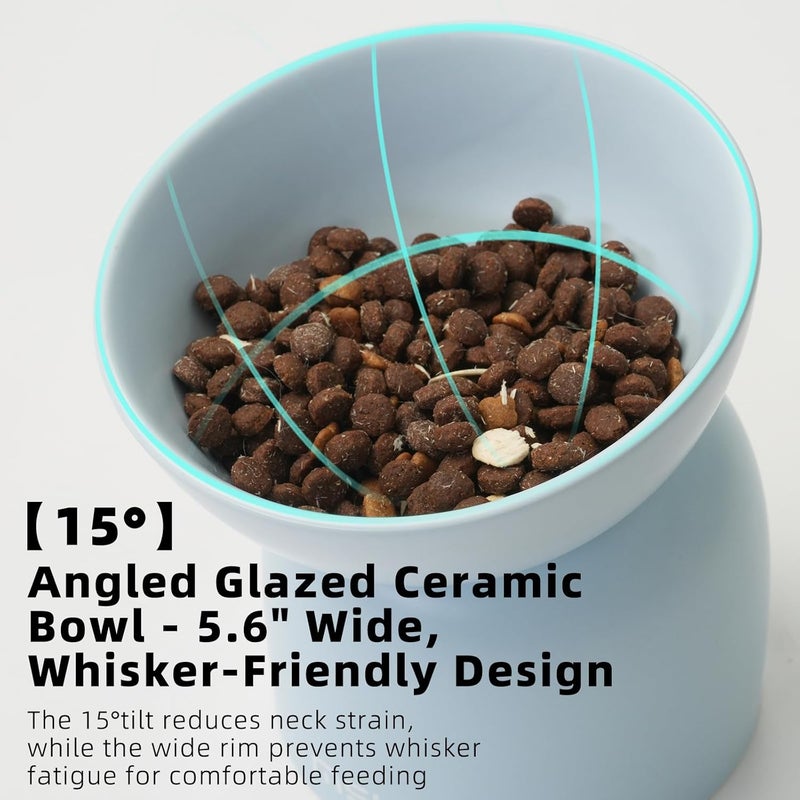 MS!MAKE SURE Elevated Ceramic Cat Food Bowl - 5.5" Wide Dish for Whikser Friendly, 6.6" Height for Easy Feeding, Lead & Cadmium Free, Durable Raised Cat Food Bowls, Blue - Image 3